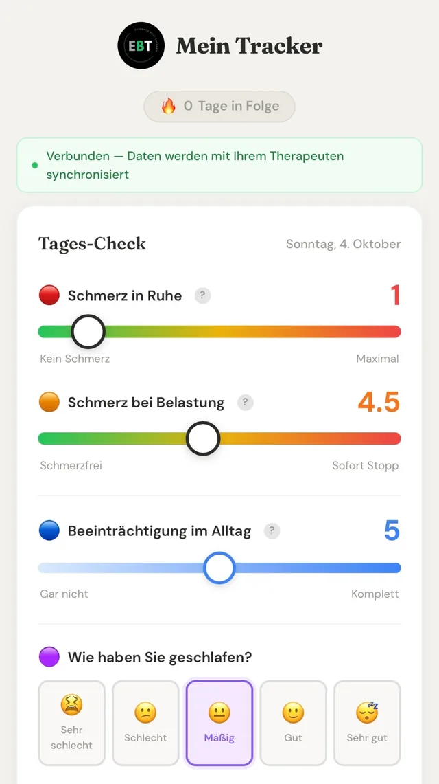 Tracker-App mit Tages-Check: Schmerz in Ruhe, Schmerz bei Belastung, Beeinträchtigung im Alltag und Schlaf